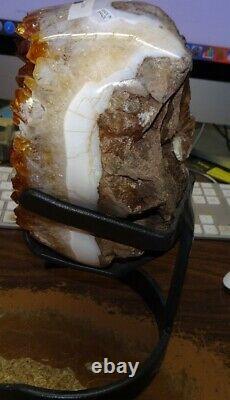 Lg. Citrine Crystal Cluster Geode F/ Brazil Cathedral Steel Stand White Agate Ri