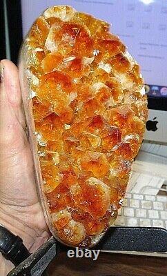 Lg. Citrine Crystal Cluster Geode F/ Brazil Cathedral Steel Stand White Agate Ri