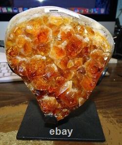 Lg. Polished Citrine Crystal Cluster Geode From Brazil Cathedral W' Steel Base