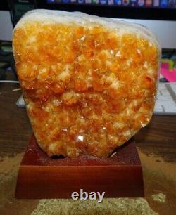 Lg. Polished Citrine Crystal Cluster Geode From Brazil Cathedral W' Wood Base