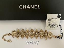 NWT Chanel Crystal Pearl Flower Cluster CC Logo Gold Tone Bracelet with Box $2100
