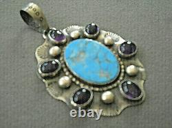 Native American Indian Turquoise Purple Quartz Cluster Sterling Silver Pendant
