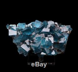 Natural Clear Blue Cube Fluorite Quartz Crystal Cluster Mineral Specimen, China