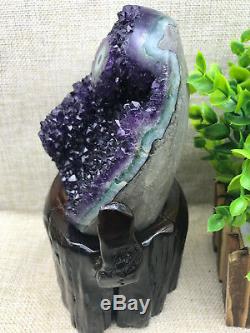Natural Uruguay Deep Purple Crystal Quartz Amethyst Geode Clusters +Stand A35
