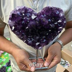 Natural smethyst quartz cluster crystal heart specimen point healing+stand 1pc