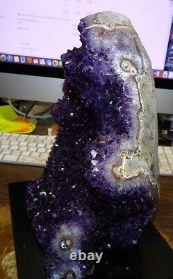 Polished Amethyst Crystal Cluster Geode From Uruguay Cathedral Wood Stand