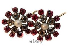 Pretty Antique Georgian Era Garnet Rock Crystal Pearl Flower Cluster Earrings