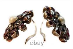 Pretty Antique Georgian Era Garnet Rock Crystal Pearl Flower Cluster Earrings