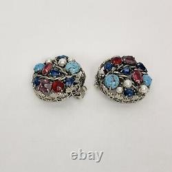 SCHREINER NY EARRINGS Pearl Blue Turquoise Marbled Red Purple Crystal Vintage