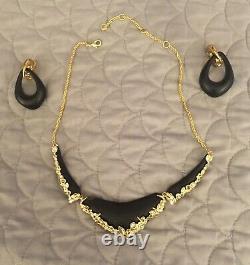 Statement Necklace Alexis Bittar Black Lucite Crystal Crescent and Matching Earr