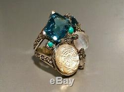 Stephen Dweck Sterling Silver Blue Quartz, Moonstone, Turquoise Ring Size 5