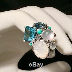 Stephen Dweck Sterling Silver Blue Quartz, Moonstone, Turquoise Ring Size 5