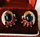 Trifari Jewels Of India Sapphire Cabochon Ice Clear & Red Crystal Gp Earrings