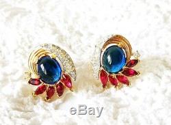 TRIFARI Jewels Of India Sapphire Cabochon Ice Clear & Red Crystal GP Earrings