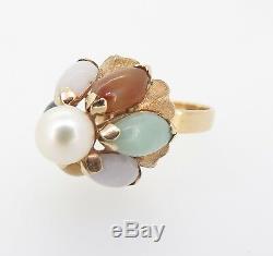 Vintage 60s 14k Yellow Gold Pearl Jade Quartz Princess Style Ring Val $2100