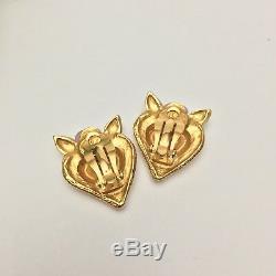 Vintage Christian Lacroix Gold Tone Heart Purple Crystal Floral Clip On Earrings