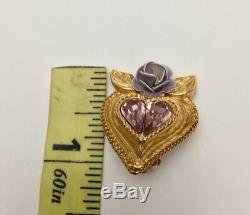 Vintage Christian Lacroix Gold Tone Heart Purple Crystal Floral Clip On Earrings