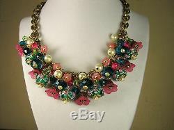 Vintage Cluster Statement Necklace Crystal Glass Charm Brass Haskell Chain