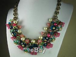 Vintage Cluster Statement Necklace Crystal Glass Charm Brass Haskell Chain