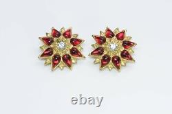 Vintage Craft Gold Plated Red Poured Glass Crystal Flower Earrings