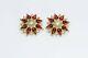 Vintage Craft Gold Plated Red Poured Glass Crystal Flower Earrings