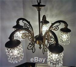 Vintage DECO Crystal Clusters Solid Brass Light fixture Small CHANDELIER Working