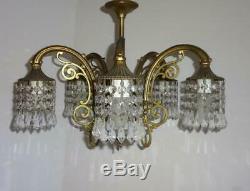 Vintage DECO Crystal Clusters Solid Brass Light fixture Small CHANDELIER Working