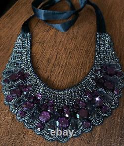 Vintage Designer Haute Hippie Purple Diamond Crystal Silk Bib Necklace 61
