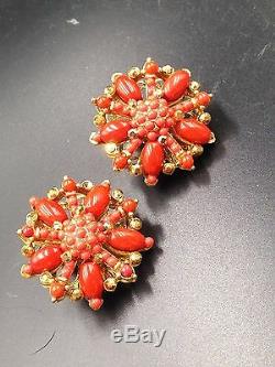 Vintage Jose and Maria Barrera Faux Coral Earrings Clip Cluster Austrian Crystal