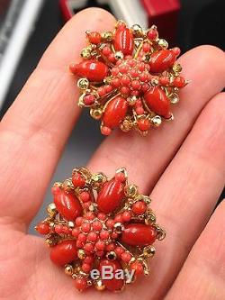 Vintage Jose and Maria Barrera Faux Coral Earrings Clip Cluster Austrian Crystal
