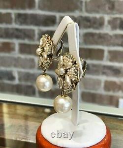 Vintage Signed Miriam Haskell Beaded Faux Pearl and Crystal Clip Earrings