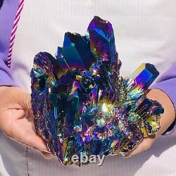 2200G Color Flame Aura Electroplate Quartz Crystal Cluster Specimen Healing Ston can be translated as 'Specimen de grappe de cristaux de quartz auréolés d'aura de flamme colorée électroplaquée, pierre de guérison de 2200 g.'