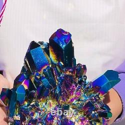 2200G Color Flame Aura Electroplate Quartz Crystal Cluster Specimen Healing Ston can be translated as 'Specimen de grappe de cristaux de quartz auréolés d'aura de flamme colorée électroplaquée, pierre de guérison de 2200 g.'