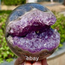 394G Boule de cristal de quartz d'améthyste naturelle uruguayenne thérapie du sourire ouverte