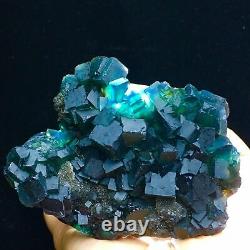 403g Fluorite Cubique Bleu Vert Profond Translucide Avec Amas De Cristal Quartz Chine