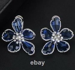 Boucles D'oreilles 18k White Gold Gf Flower Avec Swarovski Blue Stone Designer Inspiré