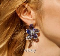 Boucles D'oreilles 18k White Gold Gf Flower Avec Swarovski Blue Stone Designer Inspiré