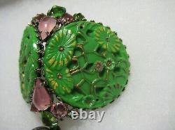 Broche Schreiner / Pendentif Pin Rose Vert Jade Glas Plastique Haut Dôme