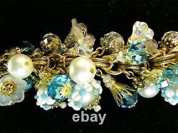 Déclaration Verre Charms Bracelet Aqua Floral Lampwork Crystal Vtg M Chaîne Haskell