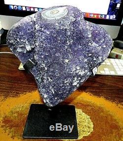 Grand Uruguayen Améthyste Cristal Cluster Cathédrale Geode Avec Support En Acier