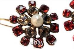 Jolies Boucles D'oreilles Anciennes De L'ère Géorgienne Garnet Rock Crystal Pearl Flower Cluster