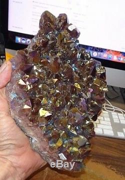 Lg. Métallisée Cristal Amethyste Cluster Geode Du Bresil Cathédrale En Bois Base Avec