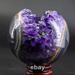 Natural Amethyst Geode Sphere Crystal Cluster Ball Decor Reiki Healing Stand Q12