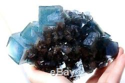 Spécimen Minéral De Cristal De Grappe Bleue-verte De Cube En Fluorite / China1177g