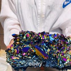 Spécimen de grappe de cristaux de quartz électroplaqué avec flamme colorée de 4,02 lb pour la guérison