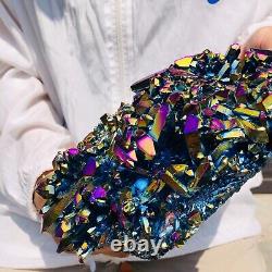 Spécimen de grappe de cristaux de quartz électroplaqué avec flamme colorée de 4,02 lb pour la guérison