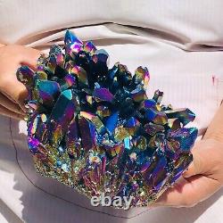 Spécimen de grappe de cristaux de quartz électroplaqué de flamme colorée de 3,67 livres pour guérison