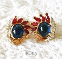 Trifari Jewels Of India Sapphire Cabochon Ice Clear & Cristal Rouge Gp Boucles D'oreilles