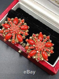 Vintage Jose Et Maria Barrera Faux Corail Boucles D'oreilles Clip Cluster Cristal Autrichien